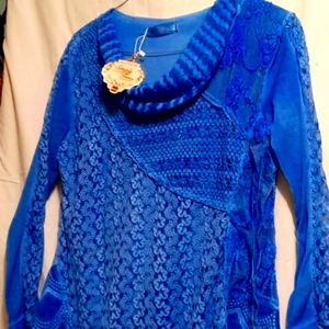 Blue Simply Couture Lace Top with Cowl Neck